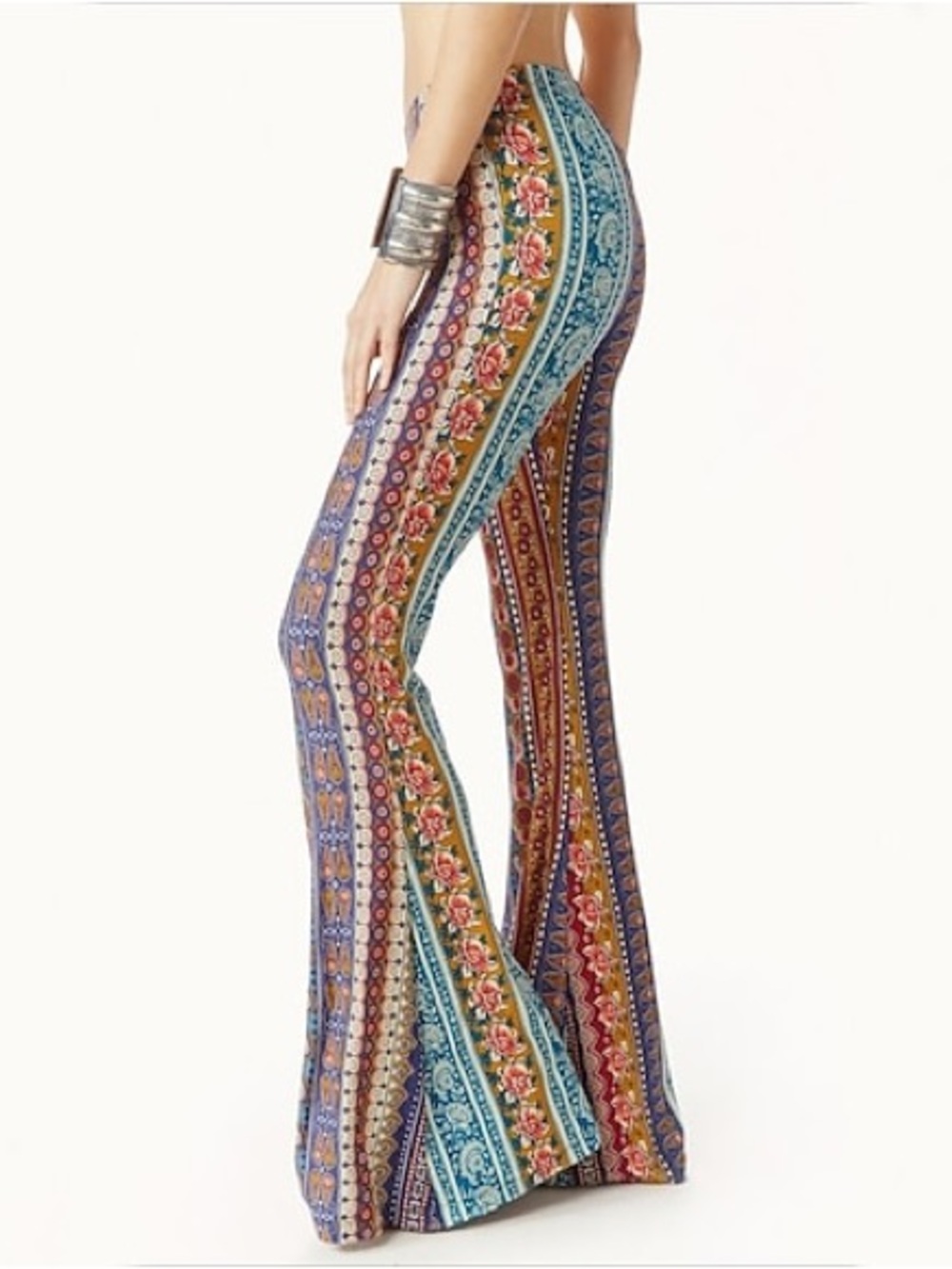 Women’s Boho Paisley Bell Bottom Flare Pants 29” TALL Disco Y2K Stretch Retro